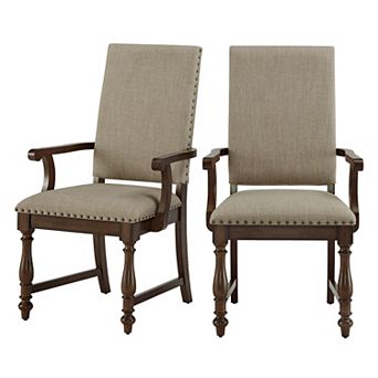 Tom 26 Inch Dining Armchair, Beige Polyester, Nailheads, Brown Wood, Set Of 2