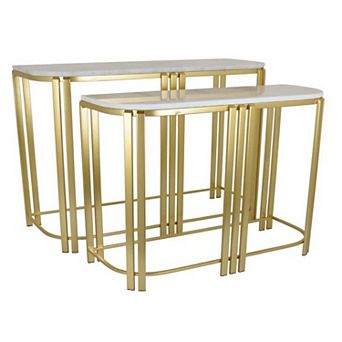 Set Of 2 Accent Nesting Tables, Marble Top, Sleek Modern Gold Metal Frame