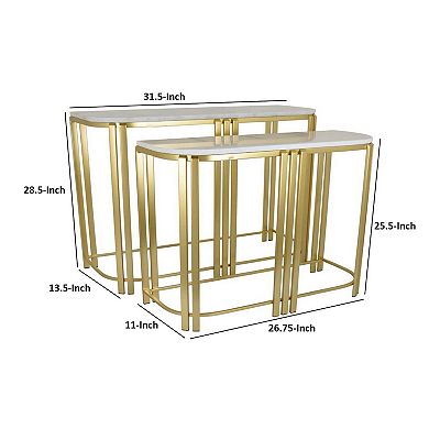Set Of 2 Accent Nesting Tables, Marble Top, Sleek Modern Gold Metal Frame