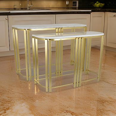 Set Of 2 Accent Nesting Tables, Marble Top, Sleek Modern Gold Metal Frame