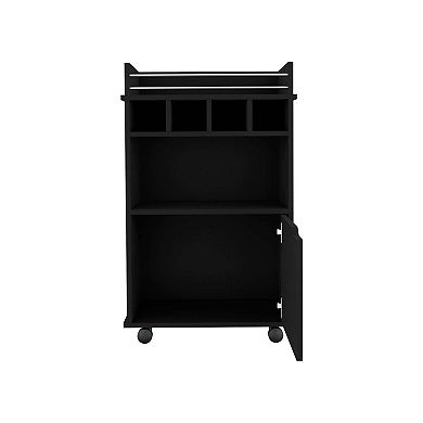 Bar Cart with Two Shelves four Wine Cubbies and One Cabinet 35" H