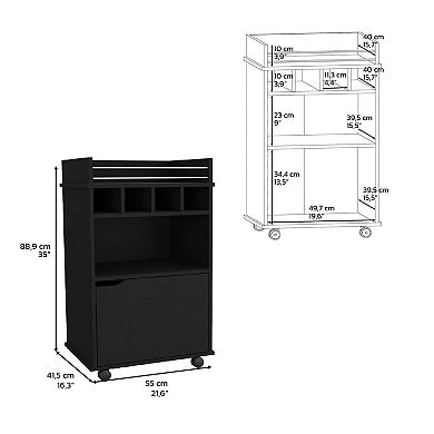 Bar Cart with Two Shelves four Wine Cubbies and One Cabinet 35" H
