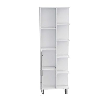Linen Bathroom Cabinet 63" H With Seven Open Shelves, One Drawer, One Door And Four Legs