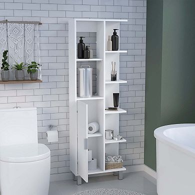 Linen Bathroom Cabinet 63" H With Seven Open Shelves, One Drawer, One Door And Four Legs