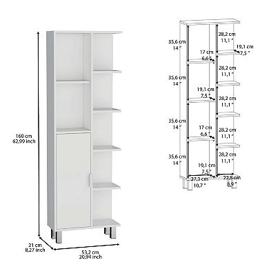 Linen Bathroom Cabinet 63" H With Seven Open Shelves, One Drawer, One Door And Four Legs