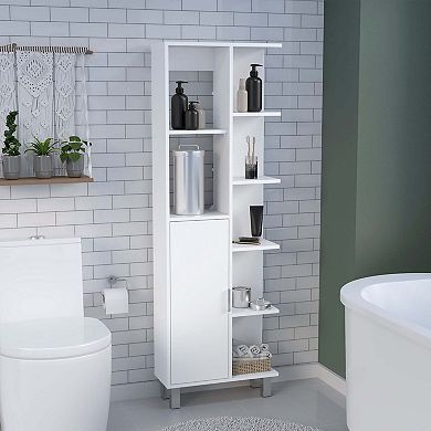 Linen Bathroom Cabinet 63" H With Seven Open Shelves, One Drawer, One Door And Four Legs