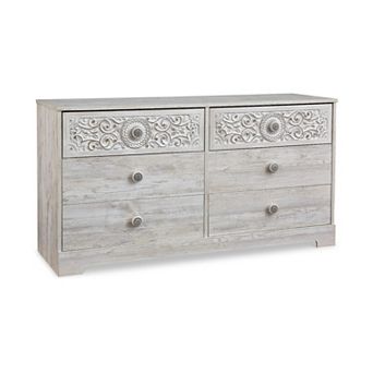 59 Inch Dresser, 6 Drawers, Medallion Design Front, Whitewashed MDF Frame