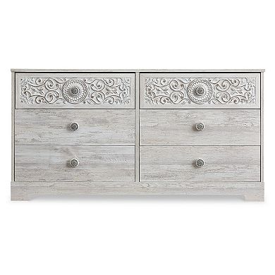 59 Inch Dresser, 6 Drawers, Medallion Design Front, Whitewashed MDF Frame