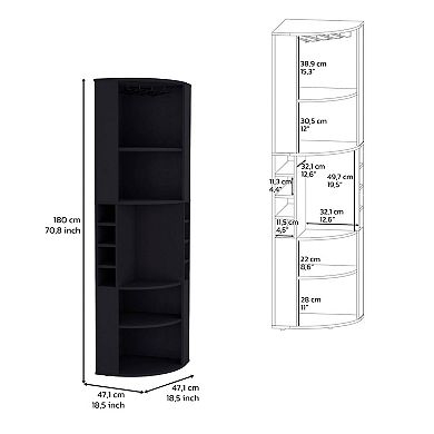 Agra Corner Bar Cabinet With Five Shelves 71", Eight Bottle Cubbies And Stemware