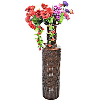 Antique Decorative Hand Curved Mango Wood Floor Flower Vase with Unique Textured Pattern
