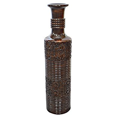 Antique Decorative Hand Curved Mango Wood Floor Flower Vase with Unique Textured Pattern