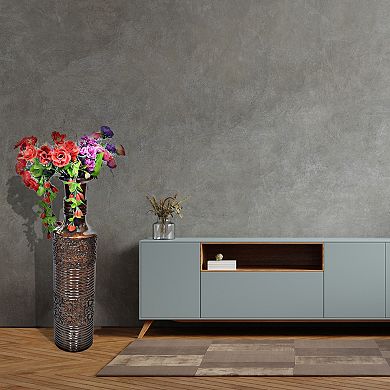 Antique Decorative Hand Curved Mango Wood Floor Flower Vase with Unique Textured Pattern