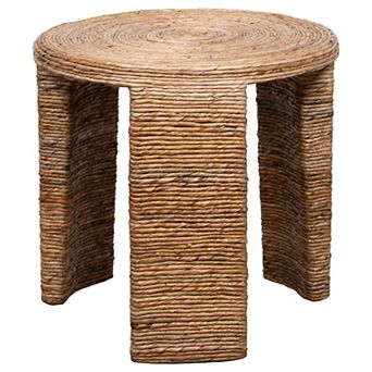 Asha 22 Inch Side End Table, Round Shaped Top With Natural Rattan Wrapping