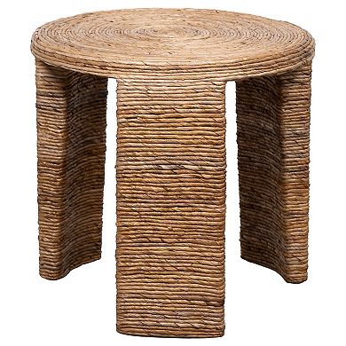 Asha 22 Inch Side End Table, Round Shaped Top With Natural Rattan Wrapping