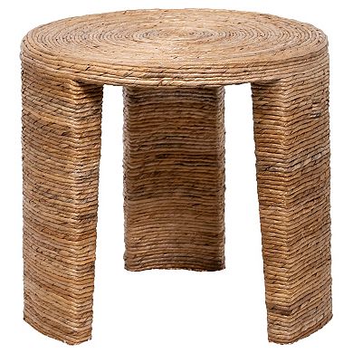 Asha 22 Inch Side End Table, Round Shaped Top With Natural Rattan Wrapping