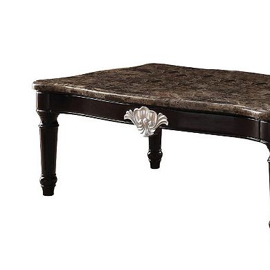 Traditional Style Rectangular Marble And Wood Coffee Table, Brown