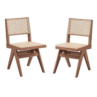 Tina 22 Inch Side Dining Chair Set Of 2, Woven Rattan, Natural Brown Wood