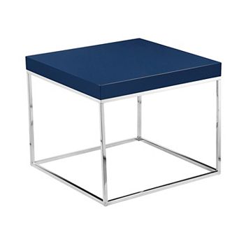 Zen 24 Inch Side End Table, Square, Polished Blue Top, Chrome Metal Finish