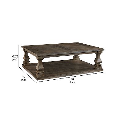 Classic 54 Inch Coffee Table, Baluster Legs, Spacious Top, Weathered Gray