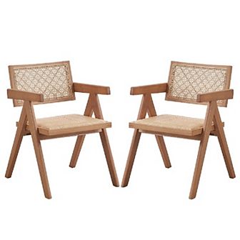 Tina 22 Inch Dining Armchair Set Of 2, Woven Rattan, Natural Brown Wood
