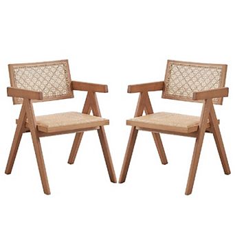 Tina 22 Inch Dining Armchair Set Of 2, Woven Rattan, Natural Brown Wood