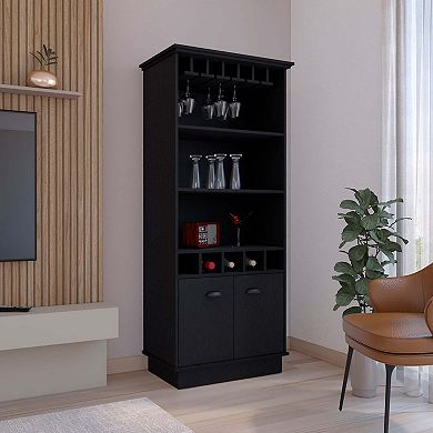 DEPOT E-SHOP Bar Cabinet Wine Rack, Upper Glass Cabinet, three Open Storage Shelves, One Cabinet