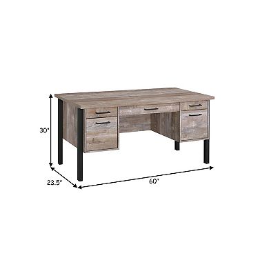 60 Inch Wood Office Writing Desk, 4 Drawers, 1 Cabinet, Rustic Brown, Black