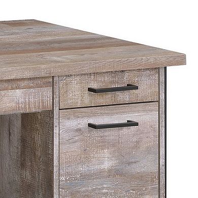 60 Inch Wood Office Writing Desk, 4 Drawers, 1 Cabinet, Rustic Brown, Black