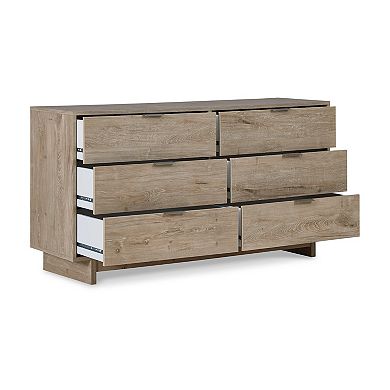 Fervor 59 Inch Dresser, 6 Drawers, Brown Wood Frame, Brushed Nickel Handles