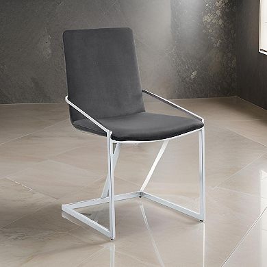 23 Inch Side Dining Chair Set Of 2, Gray Velvet, Modern Chrome Metal Base