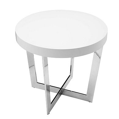 Tini 24 Inch Side End Table, Round Shaped Top, Metal Frame, White Finish