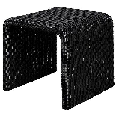 Gigi 22 Inch Side End Table, Black Woven Rattan, Square Waterfall Edges