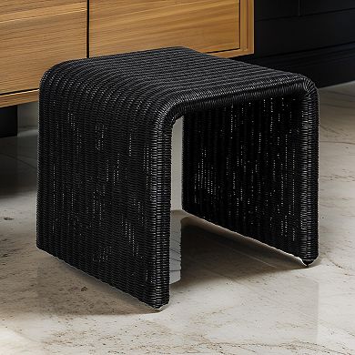 Gigi 22 Inch Side End Table, Black Woven Rattan, Square Waterfall Edges