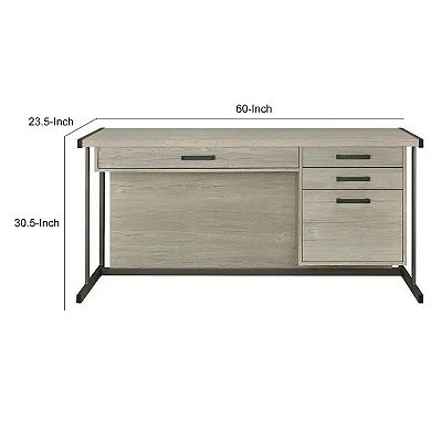 60 Inch 4 Drawer Rectangular Office Desk, Metal Sled Base, Whitewashed Gray
