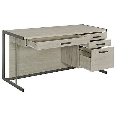 60 Inch 4 Drawer Rectangular Office Desk, Metal Sled Base, Whitewashed Gray