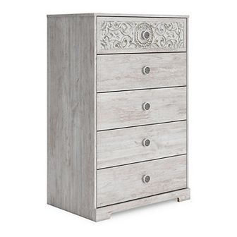 46 Inch 5 Drawer Modern Tall Dresser Chest, Whitewashed Carved Design Wood