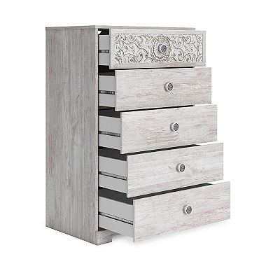 46 Inch 5 Drawer Modern Tall Dresser Chest, Whitewashed Carved Design Wood