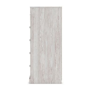 46 Inch 5 Drawer Modern Tall Dresser Chest, Whitewashed Carved Design Wood