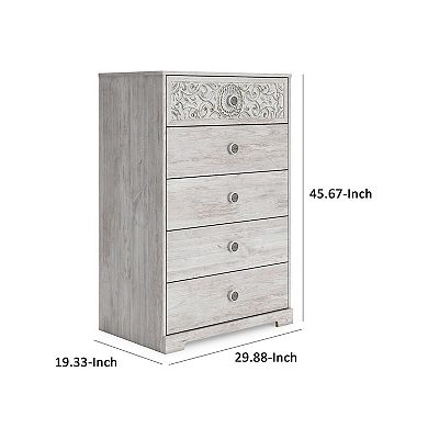 46 Inch 5 Drawer Modern Tall Dresser Chest, Whitewashed Carved Design Wood