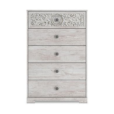 46 Inch 5 Drawer Modern Tall Dresser Chest, Whitewashed Carved Design Wood