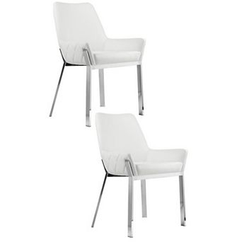 Fuma 23 Inch Set Of 2 Dining Chairs, Foam Fill, White Faux Leather, Silver