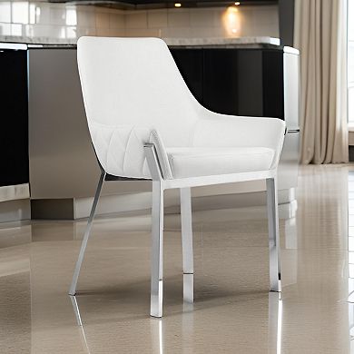 Fuma 23 Inch Set Of 2 Dining Chairs, Foam Fill, White Faux Leather, Silver