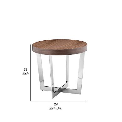Tini 24 Inch Side End Table, Round Shaped Top, Metal Frame, Walnut Brown