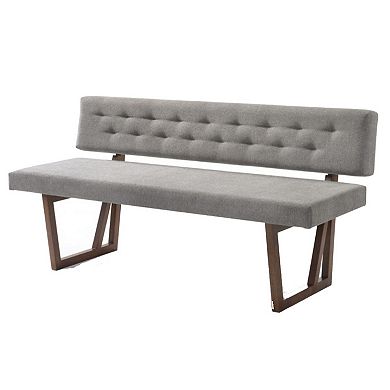 Fabric Upholstered Dining Bench with Rubber Wood Feet, Gray and Walnut Brown
