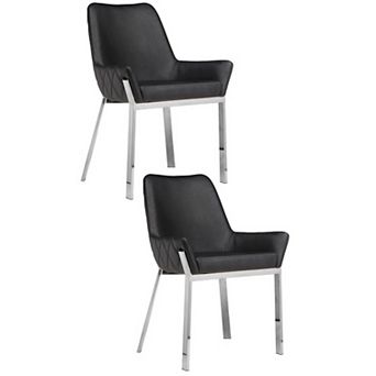 Fuma 23 Inch Set Of 2 Dining Chairs, Foam Fill, Black Faux Leather, Silver