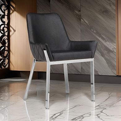 Fuma 23 Inch Set Of 2 Dining Chairs, Foam Fill, Black Faux Leather, Silver