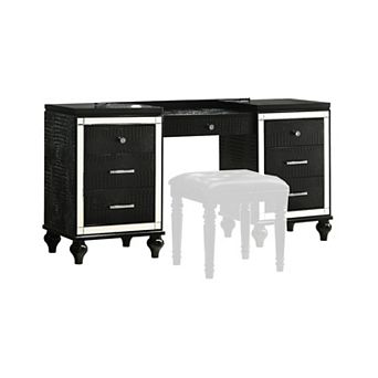 Kya 64 Inch Vanity Dresser Table with 7 Drawers, Mirrored Trim, Glam Black
