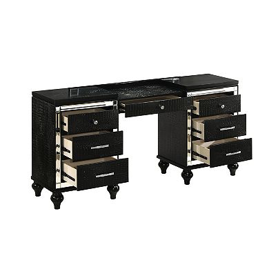 Kya 64 Inch Vanity Dresser Table with 7 Drawers, Mirrored Trim, Glam Black