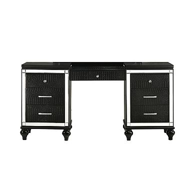 Kya 64 Inch Vanity Dresser Table with 7 Drawers, Mirrored Trim, Glam Black