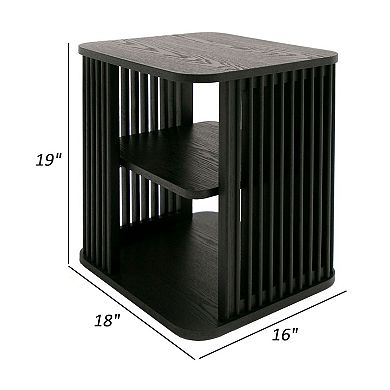19 Inch Side End Table, 3 Shelves, Modern Vertical Slats, Black Ash Wood